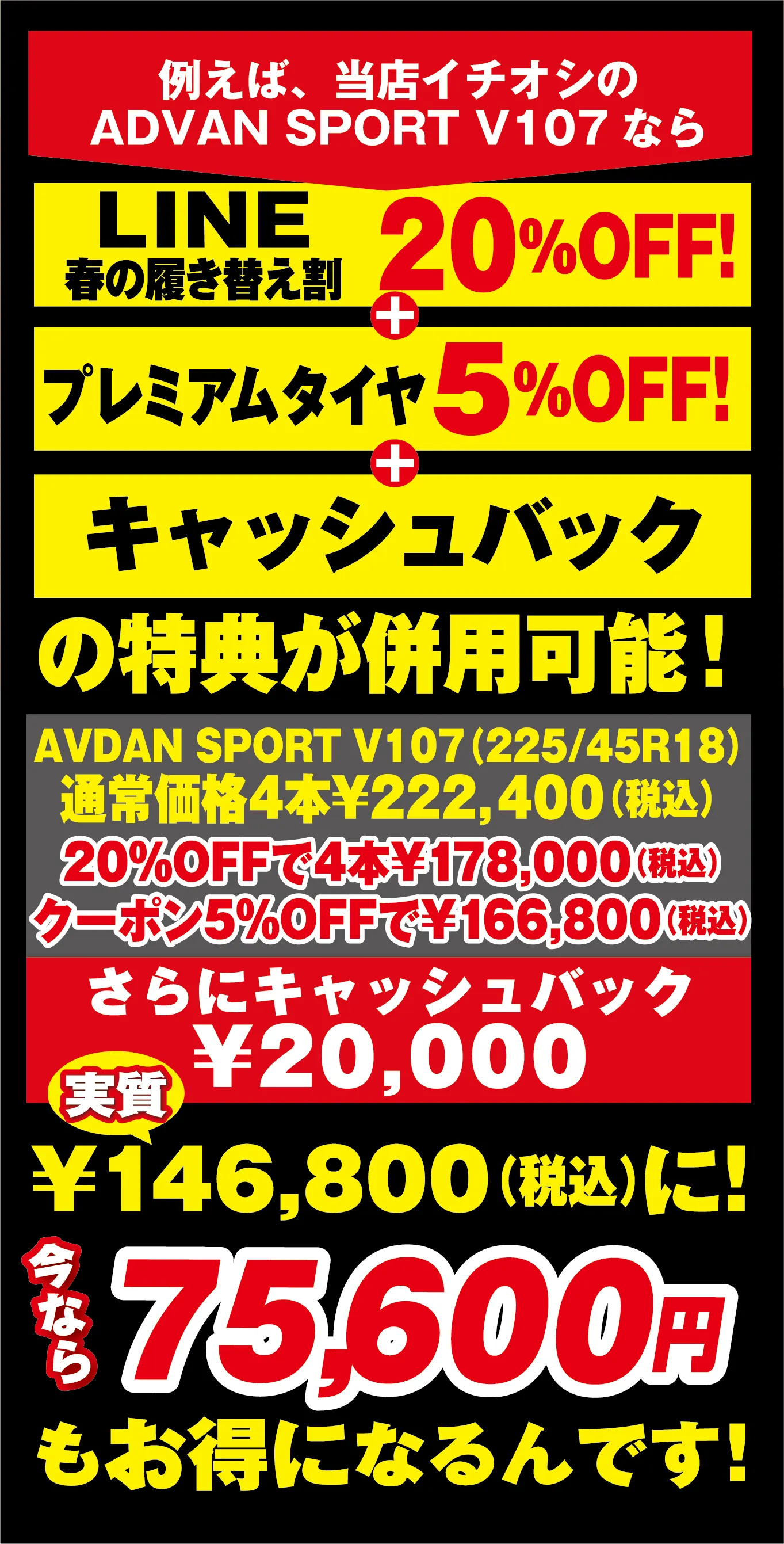 例えば、当店イチオシのADVAN SPORT V107なら LINE春の履き替え割20%OFF + プレミアムタイヤ5%OFF + キャッシュバック の特典が併用可能！