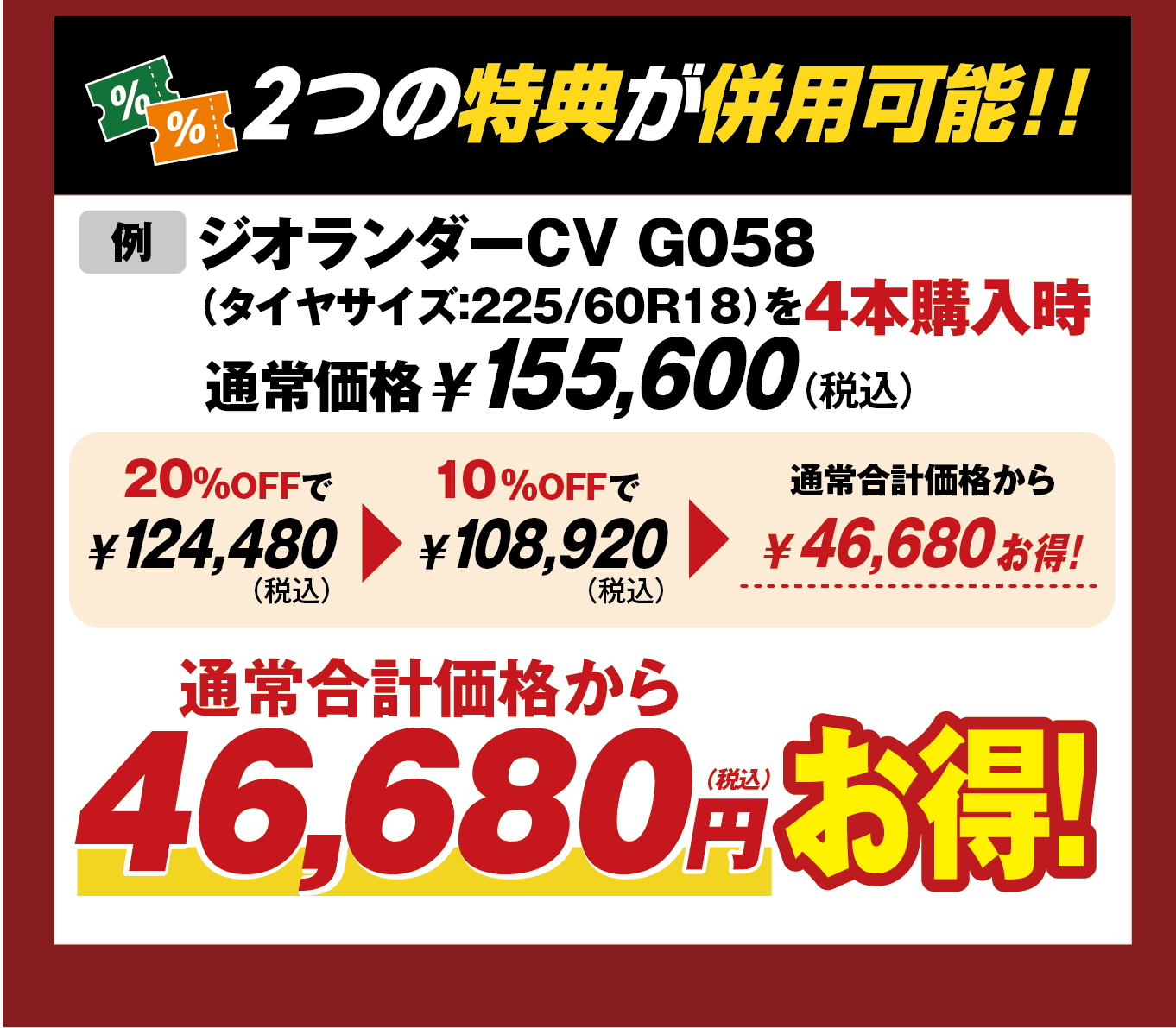 例えば、22/60R18なら46,680円もお得に！